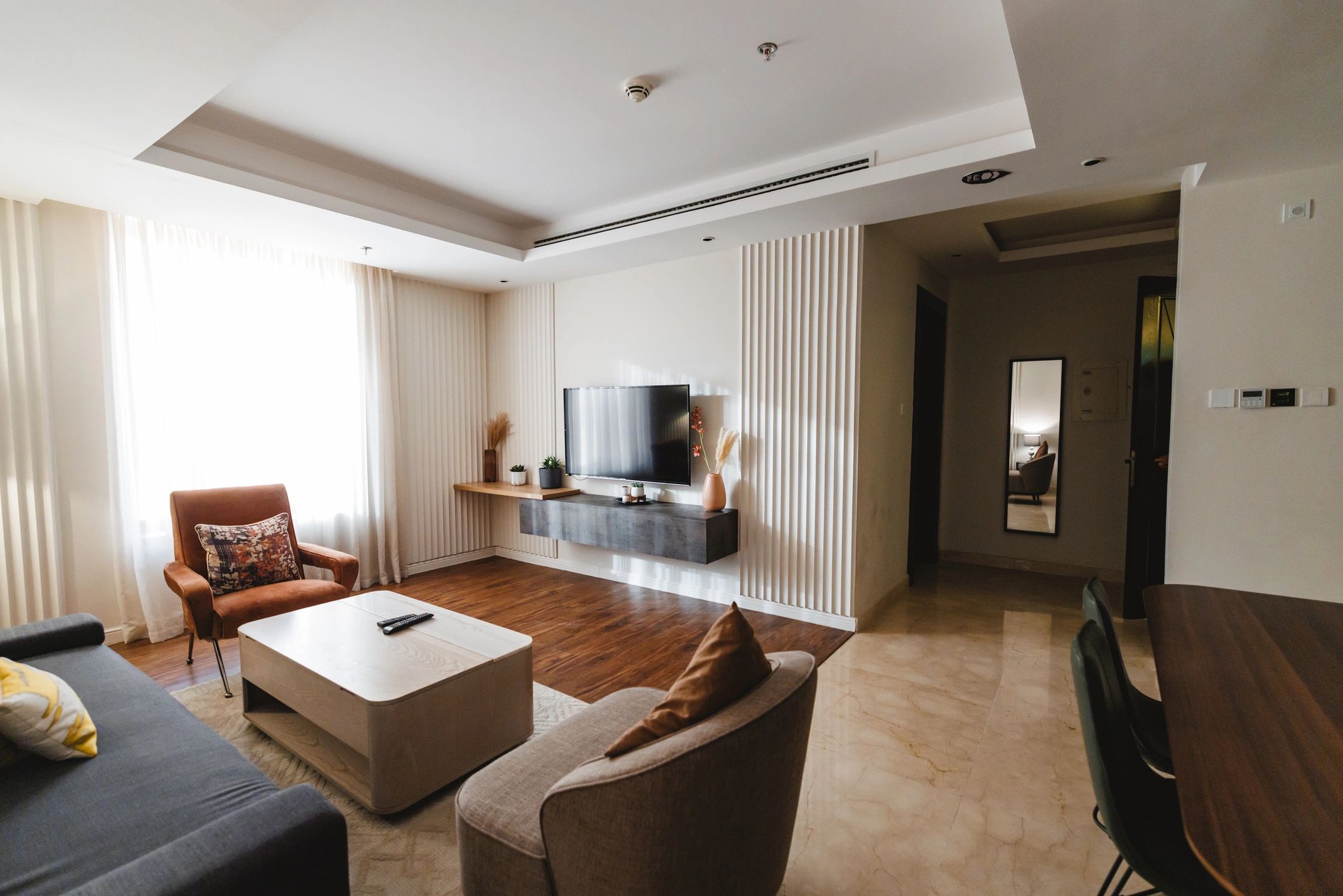 Finished interior with modern seating and storage